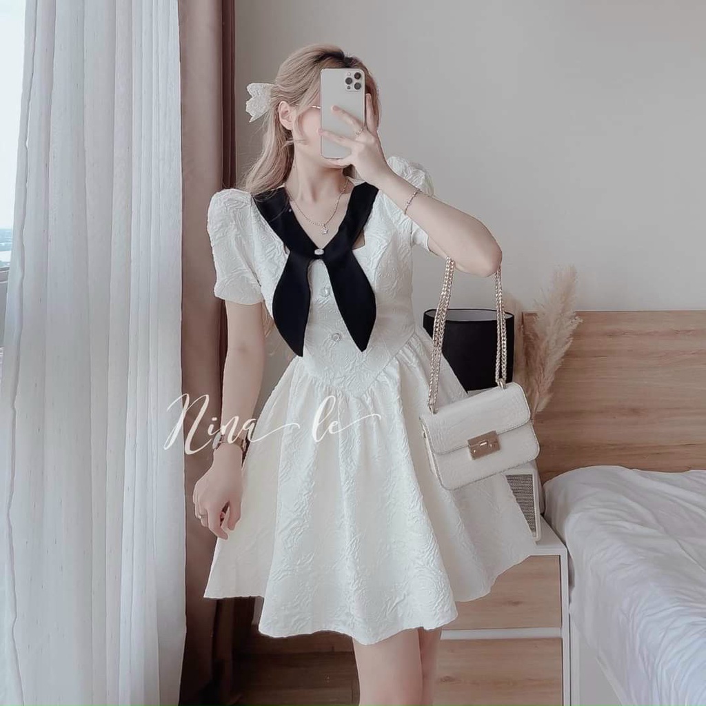 Đầm váy nữ trắng xốp kết nơ xinh xắn, cute dành cho các tiểu thư đi chơi, dự tiệc