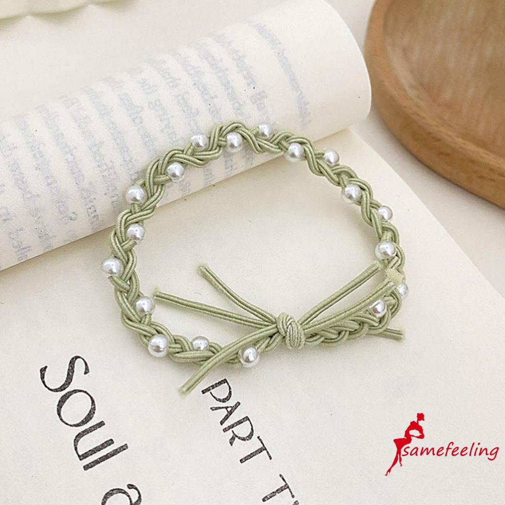 SF♫Pearl Bracelet Hair Circle, Candy Colored Rubber Band Three Thread Braided Headdress, Women´s Hair Accessories