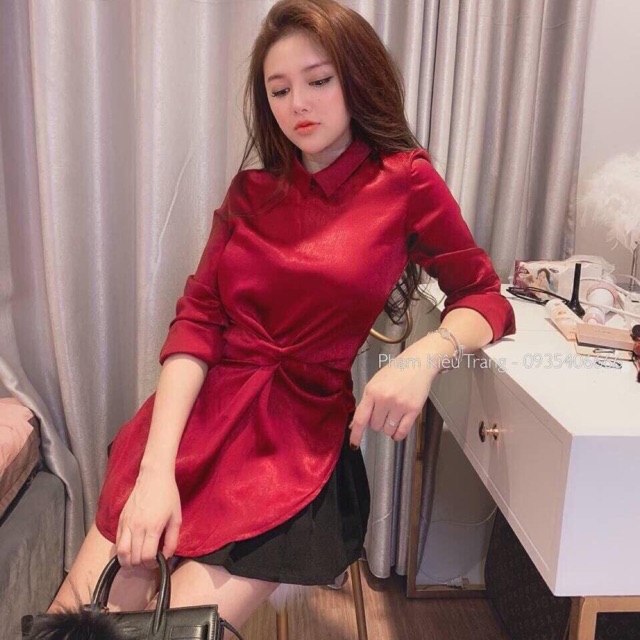 Áo Sơ Mi lụa xoắn eo 💋 freeship 💋 ảnh thật chụp canh ❤️freeship ❤️