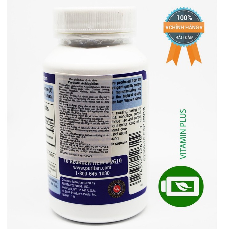 Viên uống bổ sung lợi khuẩn Puritan's Pride Probiotic Acidophilus 100 viên | BigBuy360 - bigbuy360.vn