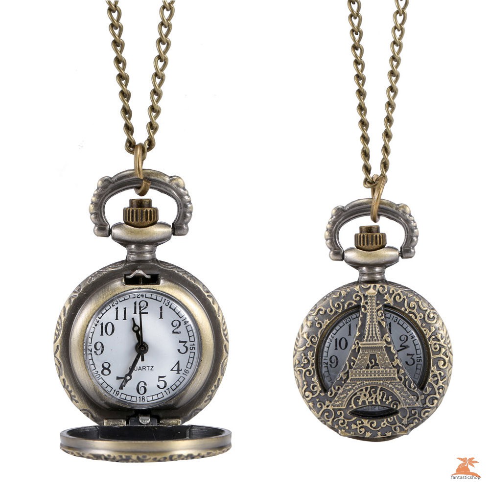 #Đồng hồ bỏ túi# Fashion Vintage Quartz Pocket Watch Alloy Hollow Out Eiffel Tower Sweater Chain Necklace Pendant Clock Gifts