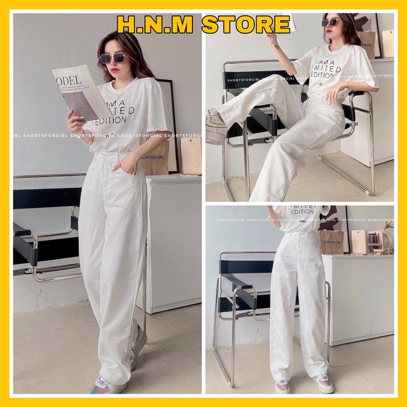 Quần jean nữ ống rộng lưng cao màu trắng trơn chất KAKI Hot trend H.N.M STORE