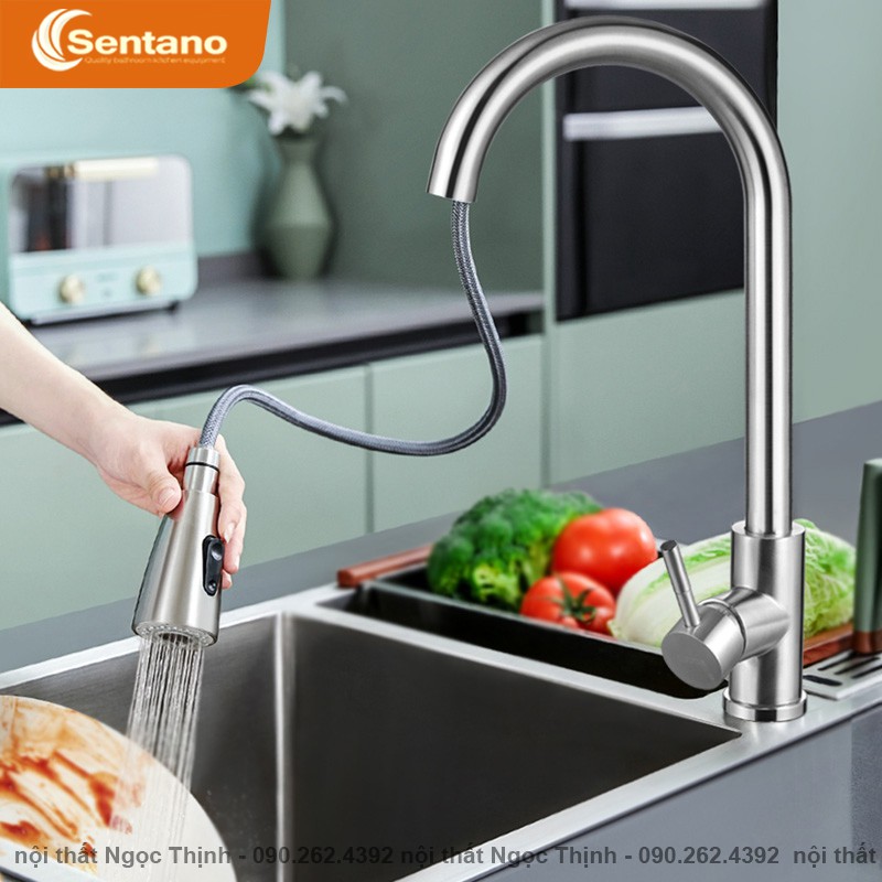 [HÀNG ĐÚC LOẠI 1] Vòi rửa bát chén nóng lạnh dây rút Inox SUS 304 SENTANO STN-407 PLUS Cao cấp