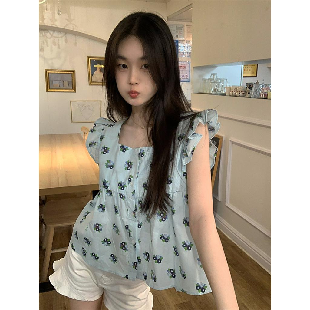 Áo Kiểu Cổ Vuông Tay Cánh Tiên Họa Tiết Hoa Nhỏ Xinh Xắn 63192