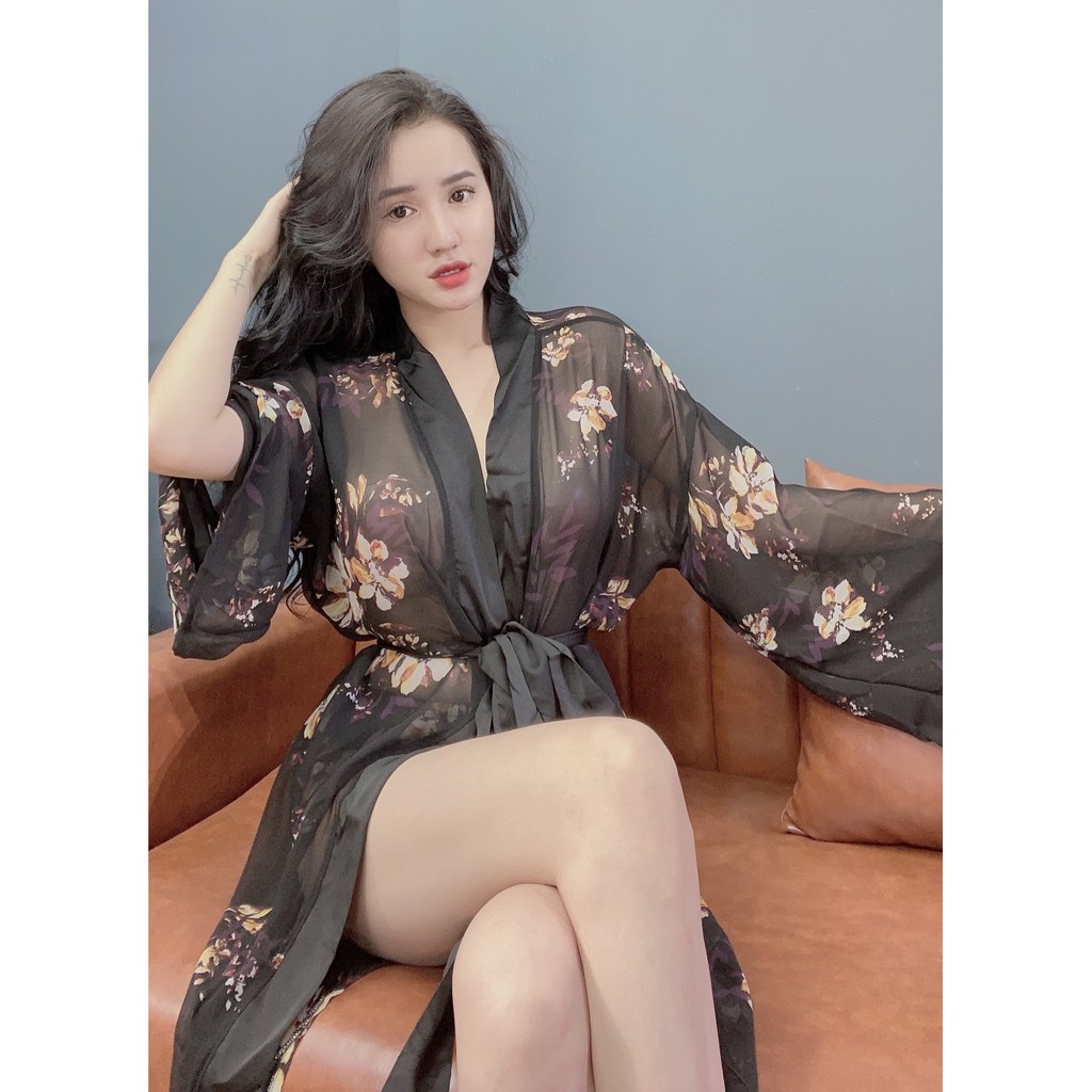 [Mã BMLT30 giảm đến 30K đơn 299K] Áo Choàng Ngủ Nữ SOJUN Vải Voan Phối Satin Kèm Quần | BigBuy360 - bigbuy360.vn