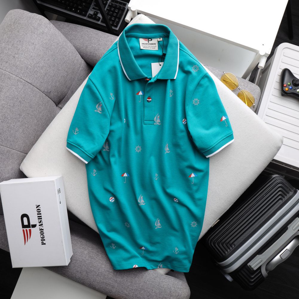 Áo thun nam cổ bẻ họa tiết con thuyền phối bo Pigofashion AHT27 màu trắng, chọn nhiều màu.