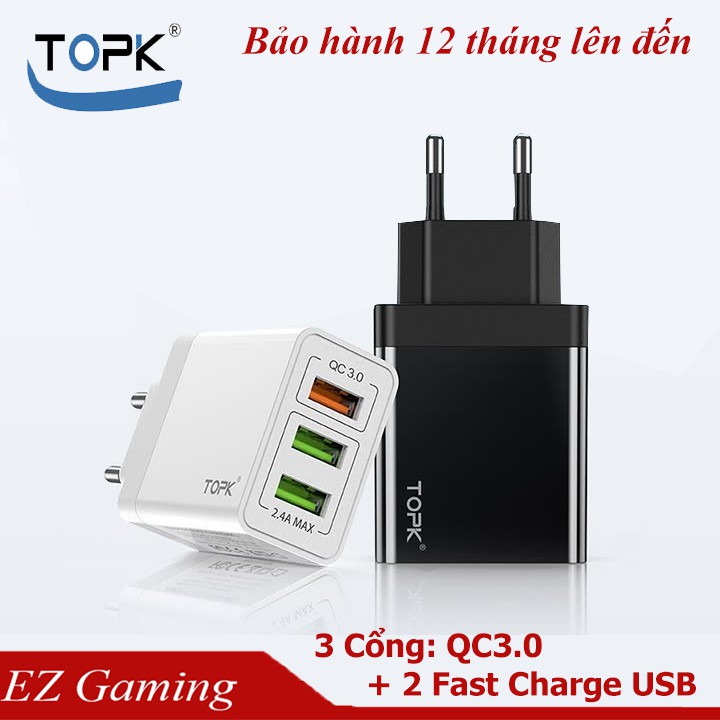 [Free ship] Củ Sạc Nhanh TOPK QC 3.0 (Quick Charge 3.0) - 3 Cổng USB - Tiêu Chuẩn Châu Âu