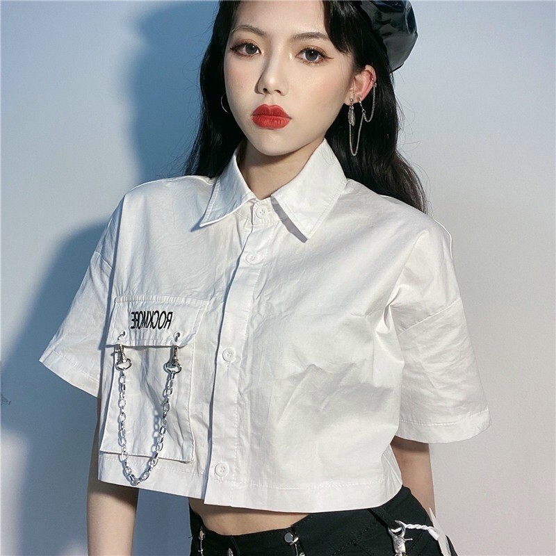 Áo sơ mi croptop day xích,áo sơ mi nữ