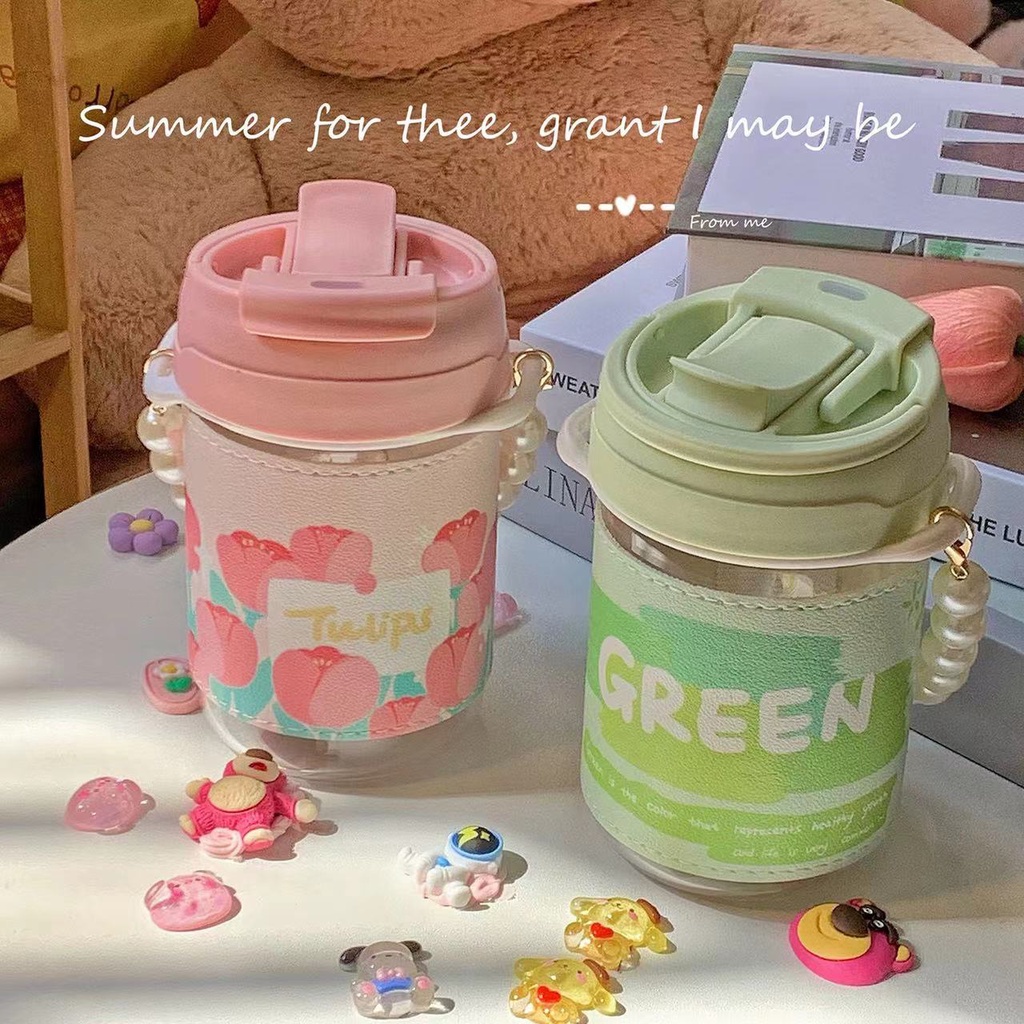 [Dây Ngọc Trai Miễn Phí Dây Buộc] Bình Nước Thủy Tinh Cofee Không BPA Phong Cách Ins Nhỏ Gọn