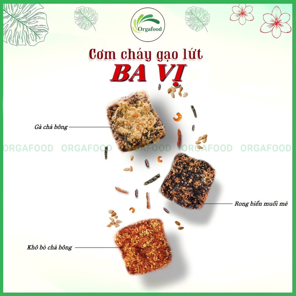 Cơm cháy gạo lứt 3 vị gà chà bông/ rong biển muối mè/ khô bò chà bông Orgafood ăn vặt healthy, giảm cân