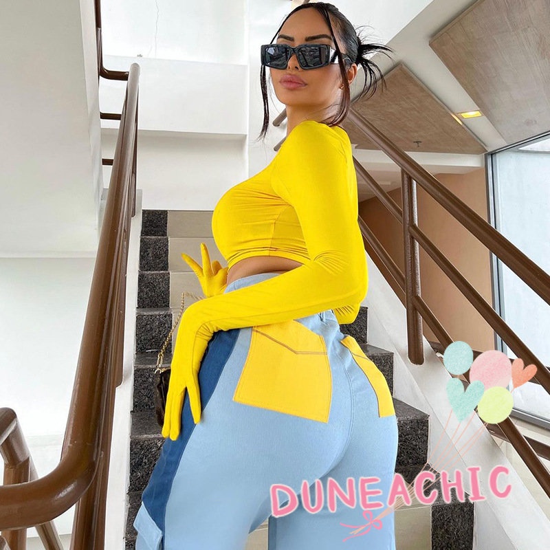 DUNEA Áo Croptop Tay Dài Dáng Ôm Thời Trang Cá Tính Cho Nữ