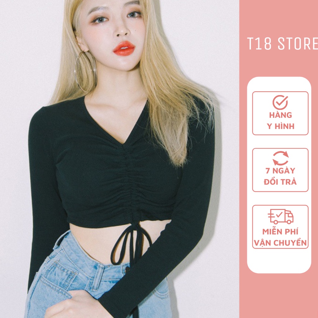 Áo croptop nữ tay dài kiểu ôm rút dây cổ tim bigsize thun body T18 STORE  CT03