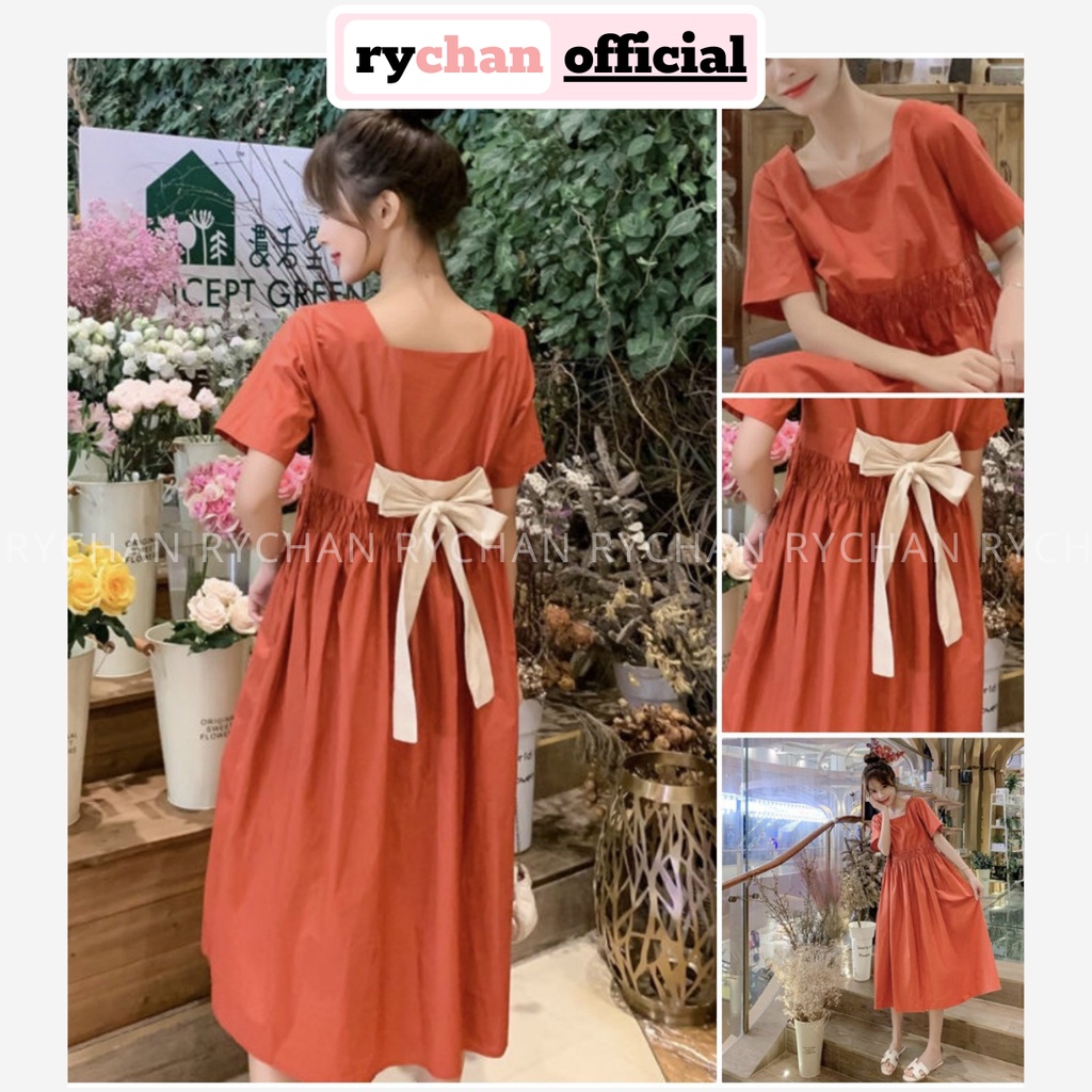 Đầm Xòe Cam Cổ Vuông Nhún Eo Nơ Sau - DX864