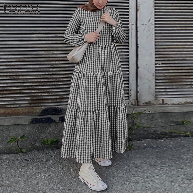 Zanzea Đầm Búp Bê Tay Phồng Xếp Ly Họa Tiết Caro Phong Cách Hồi Giáo Thời Trang Đường Phố Cho Nữ