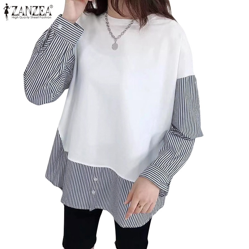 Áo kiểu ZANZEA giả hai lớp kẻ sọc tay dài cổ chữ O thời trang cho nữ