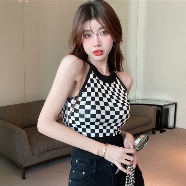 Porozi  áo croptop Áo Dệt Kim Không Tay Họa Tiết Sọc Caro Phong Cách Hàn Quốc