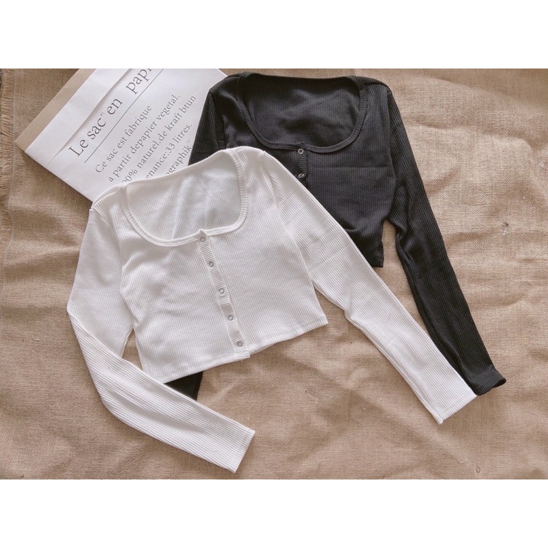 ÁO THUN GÂN TAY DÀI NÚT BẤM KÈM ẢNH THẬT