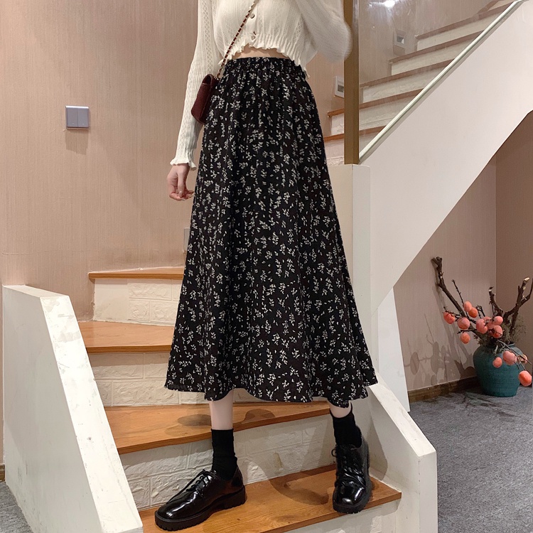 Chân váy maxi XIAOZHAINV lưng cao dáng rộng in hoa kiểu Hàn Quốc thời trang cho nữ