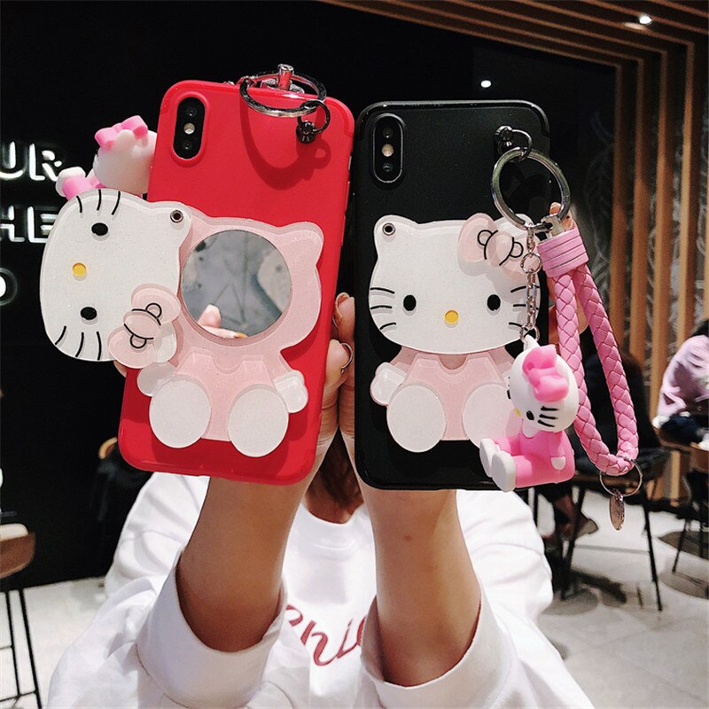 Ốp Điện Thoại Gắn Gương Hình Mèo Hello Kitty 3d + Dây Đeo Cho Iphone 12 Mini 11 Pro Xs Max X Xr 7 8 6 6s Plus Se Đứng