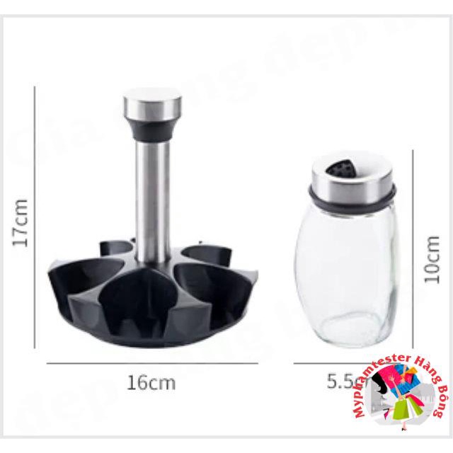 Set 6 lọ gia vị thủy tinh kèm giá đỡ xoay 360 độ