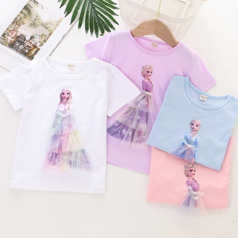 SUGE Áo Sơ Mi Cotton Tay Ngắn In Hình Công Chúa Elsa 3D Thời Trang Cho Bé Gái Từ 1-8 Tuổi