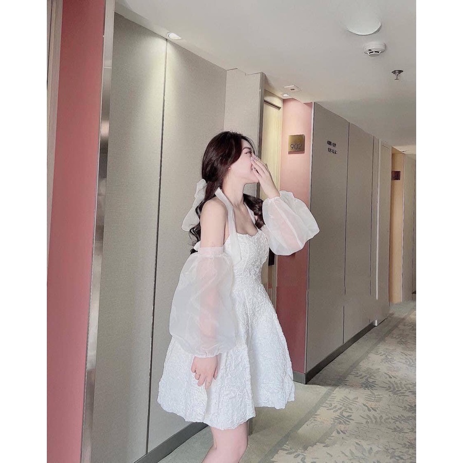 Đầm Yếm - Đầm Cổ Yếm Phối Tay Rời Buộc Nơ 2 Lớp, Chất Gấm Hoa Nổi, Thời trang dự tiệc nữ