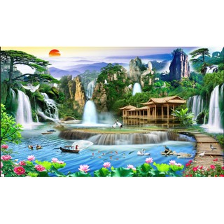 Tranh dán tường 3d phong thủy - vải lụa phủ kim sa