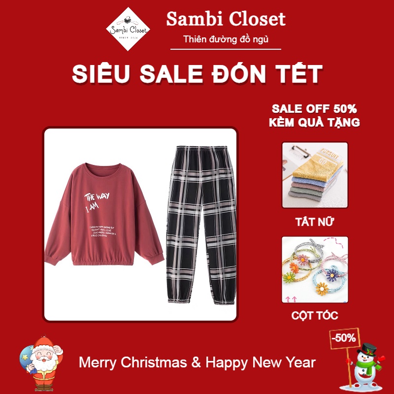 Bộ đồ thu đông nữ Sambi bộ mặc nhà dài tay quần kẻ họa tiết dễ thương cao cấp