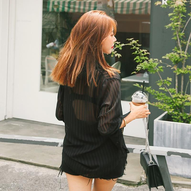 Áo Sơ Mi Đen Tay Dài Dáng Rộng Cài Khuy Kiểu Hàn Quốc Thời Trang Mùa Hè Cho Nữ