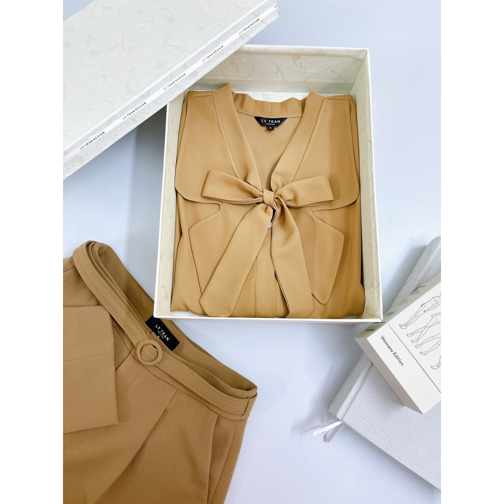 Ly Tran's Design- Áo sơ mi cổ thắt nơ caramel công sở