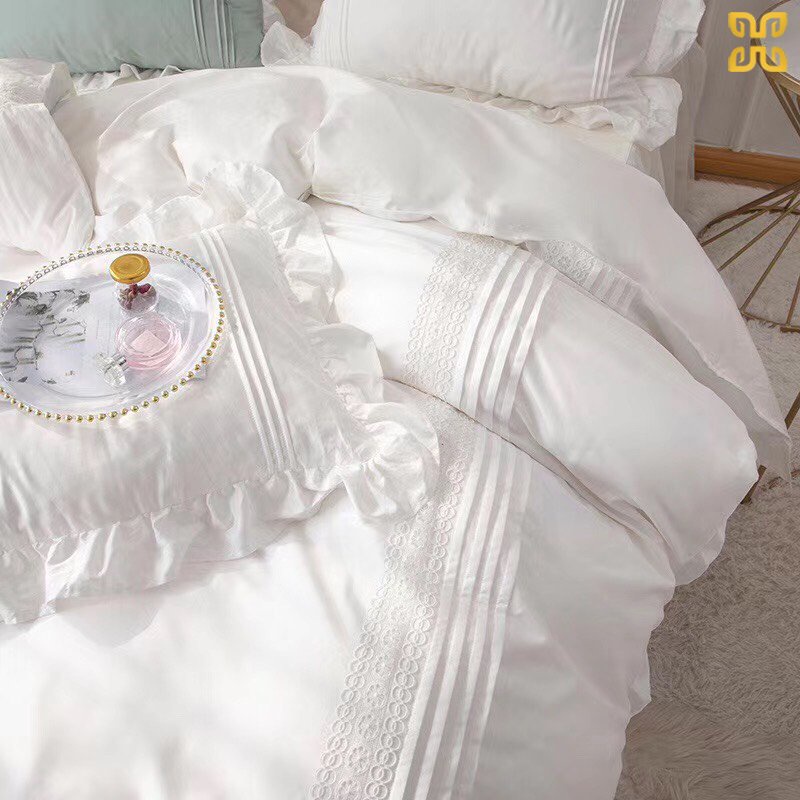 Bộ chăn ga gối cotton lụa bèo nhúm siêu xinh- Chăn ga gối bèo nơ chùm giường cao cấp hàng nhập khẩu