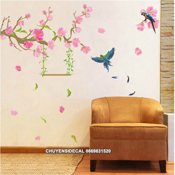 Decal dán tường - Cành Cây Hồng Phấn cùng Chim
