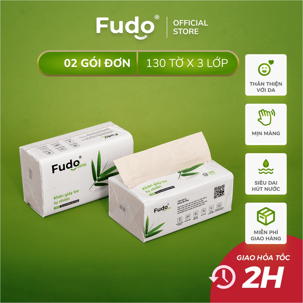 Combo 2 gói Khăn giấy tre FUDO từ bột tre nguyên chất, 3 lớp giấy ăn hút ẩm, siêu mềm, siêu mịn - 130 tờ