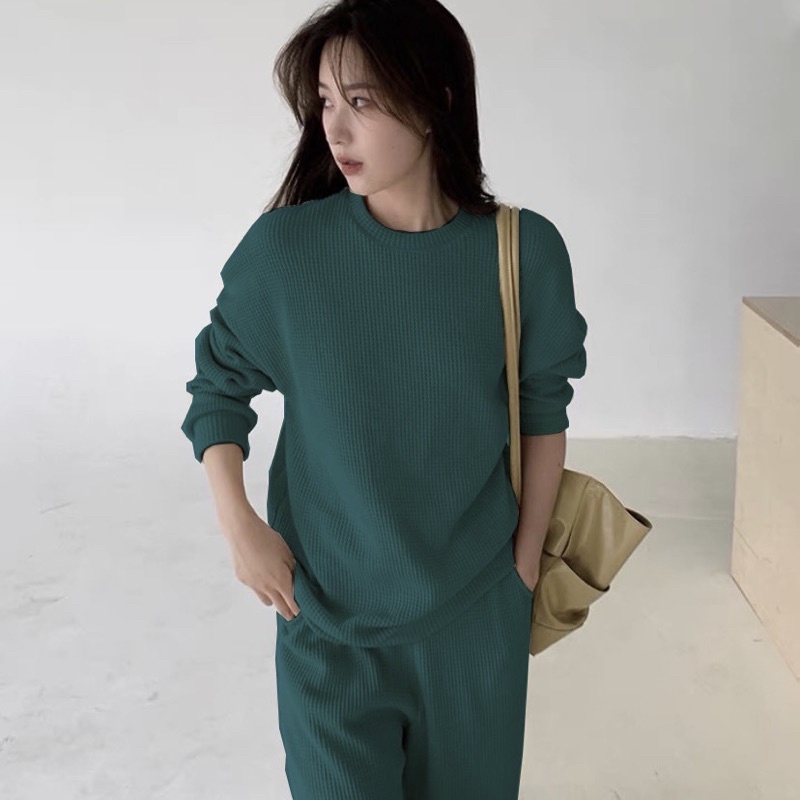 Bộ ngủ nữ cotton tổ ong cao cấp, set bộ đồ mặc nhà thu đông len mỏng bo gấu phong cách thể thao mã B03