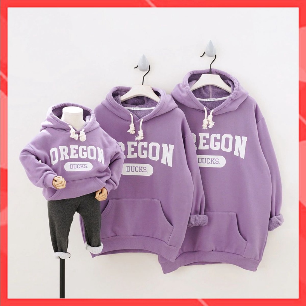 Áo hoodie có nón túi chất nỉ gia đình cao cấp Familylove – Set gia đình tay dài chữ Oregan Duck