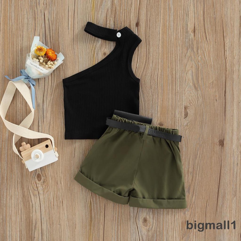 BIGMALL-6months-4years Baby Girl Tanks Tops + Shorts + Waist Bag, Pockets Decoration Casual Style Summer Clothing Set