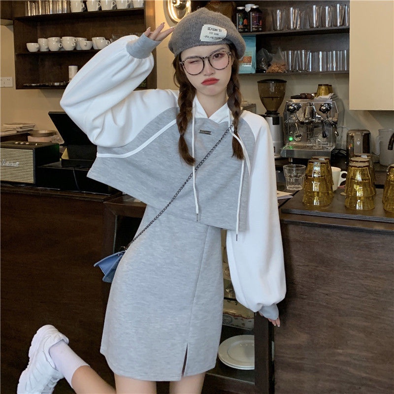 Set Đồ Thể Thao Gồm Áo Hoodie + Chân Váy Ngắn Màu Xám Đơn Giản Phong Cách Hàn Quốc Cho Nữ