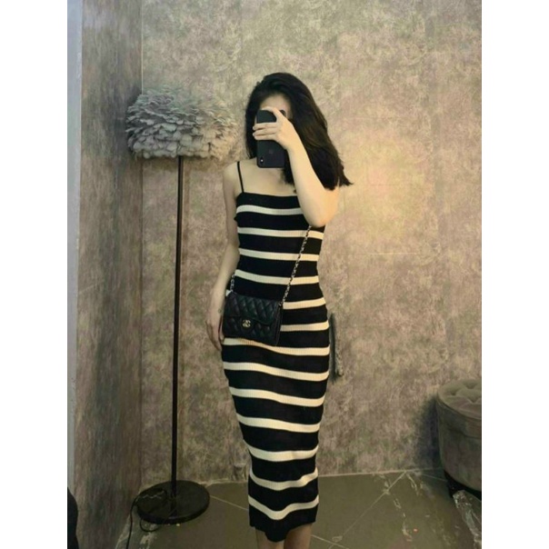 Váy 2 dây len kẻ ôm body hàng QC