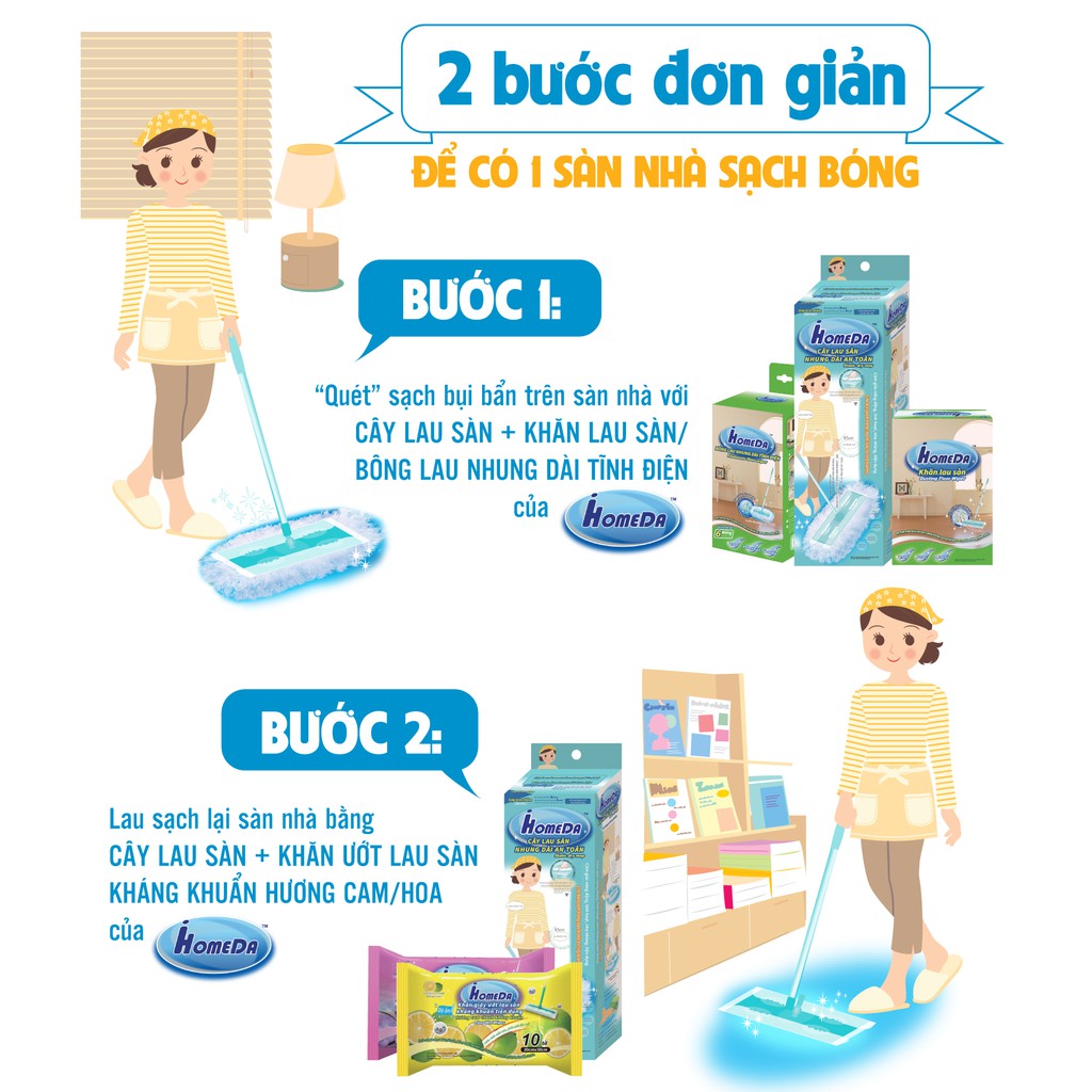 Cây Lau Sàn Tĩnh Điện Thông Minh iHomeDa Tặng Kèm Khăn Ướt Lau Sàn Dùng Một Lần Cực Tiện Lợi iHomeDa Hương Cam Tươi Mát