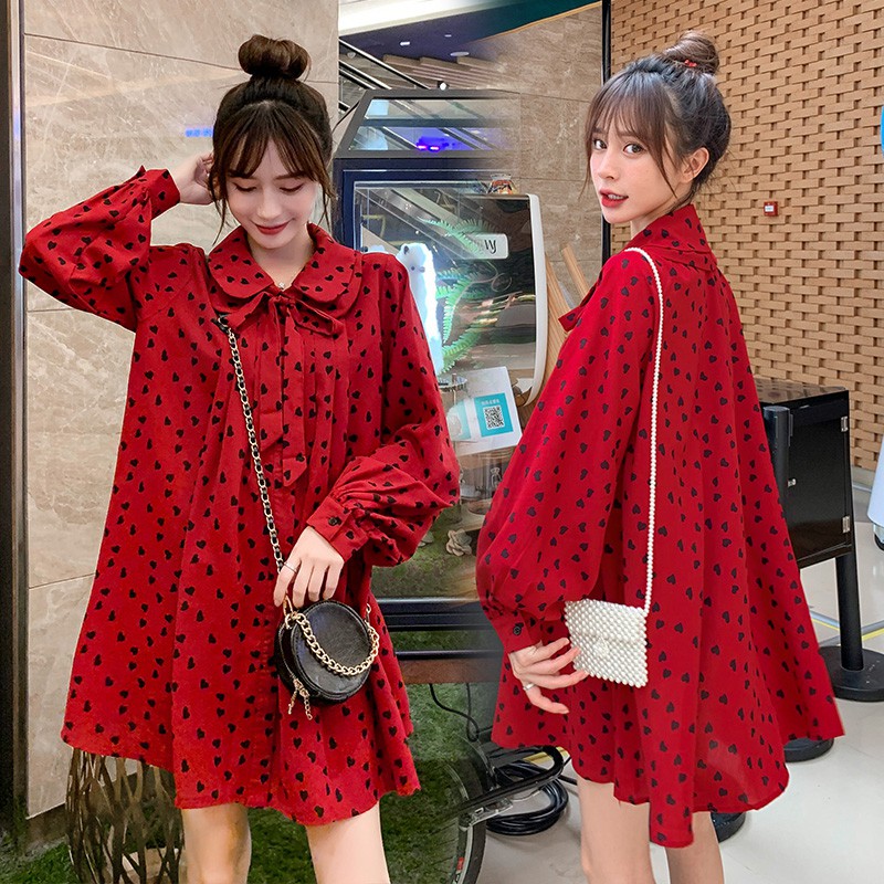 A515 Đầm bầu thời trang họa tiết trái tim đen nổi bật xinh xắn thiết kế cổ nơ điệu đà dáng suông cho mẹ bầu