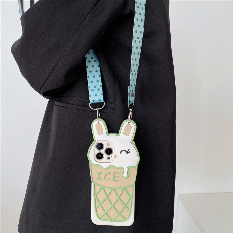 For Samsung Galaxy S22 S21 S20 S10 S9 S8 Plus S21FE S20FE Note 20 10 9 8 3D Ice cream rabbit cartoon mobile phone case with lanyard