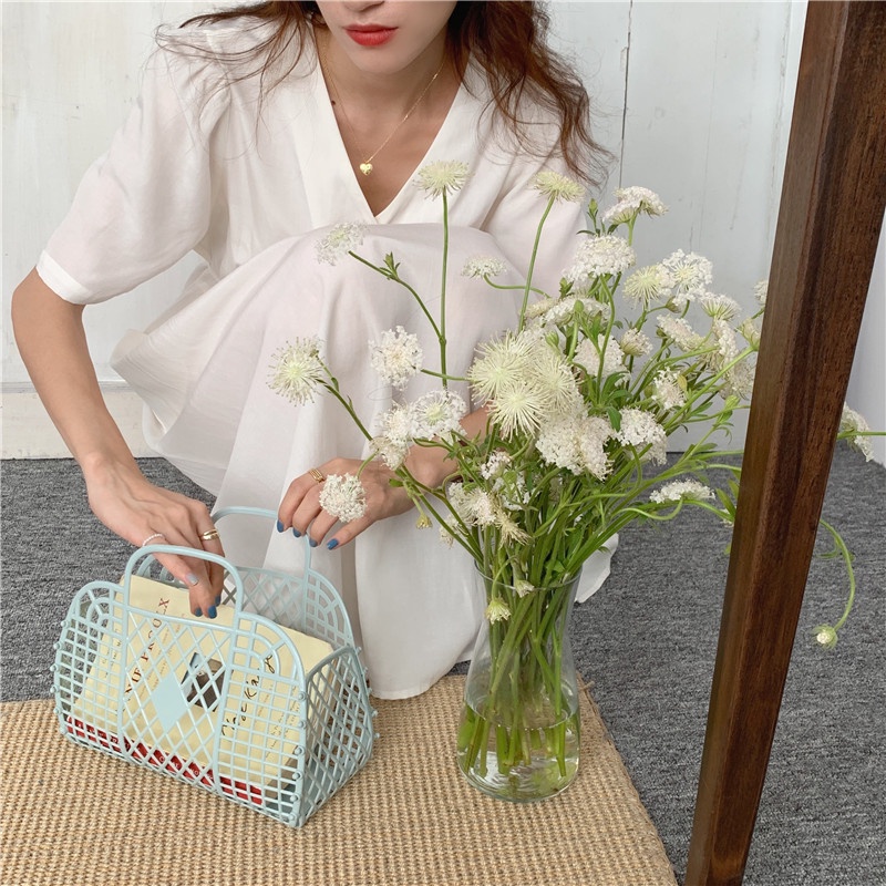 SUXI Đầm Midi Cổ Chữ V Màu Sắc Đơn Giản Phong Cách Hàn Quốc Cổ Điển Thời Trang Cho Nữ