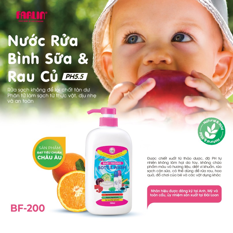 Nước rửa bình sữa và rau củ quả an toàn cho bé Farlin - Chai 700ml