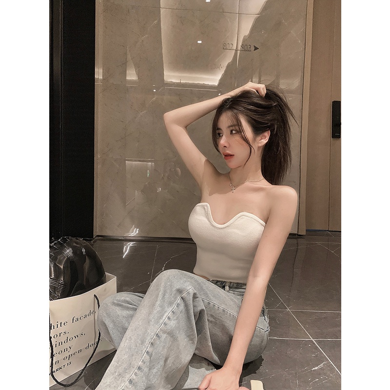 Kumikumi HUANG YOYO Áo Ống Ngắn Dệt Kim Phong Cách Hàn Quốc Thời Trang Dành Cho Nữ croptop không dây áo lót nữ