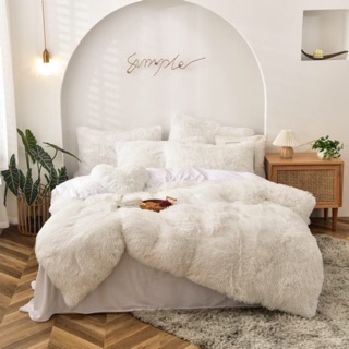Bộ Chăn Ga Gối Nỉ Nhung Lông Cao Cấp - Màu Trắng