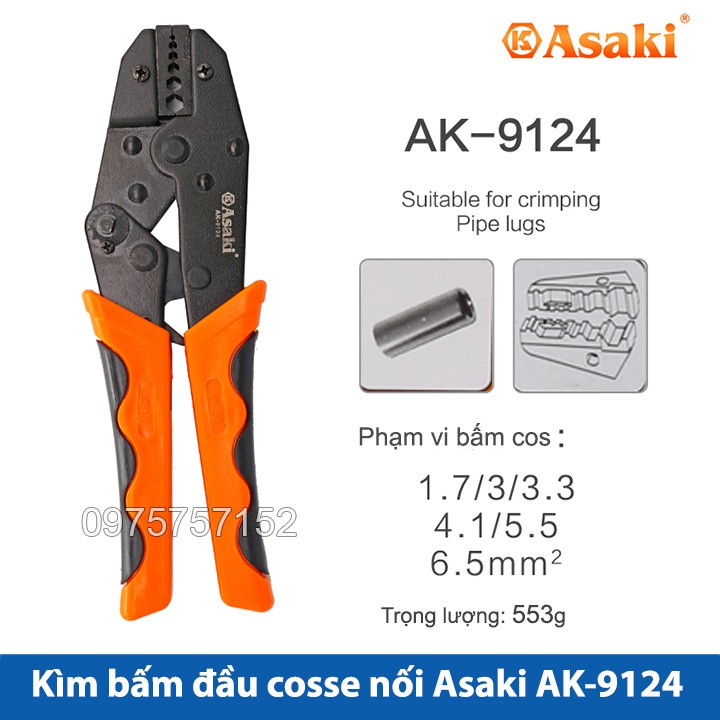 Kìm bấm cos nối Asaki AK-9124 1.7 ~ 6.5mm2 - Kềm bấm cốt nối (Kìm bấm đầu cote Asaki)