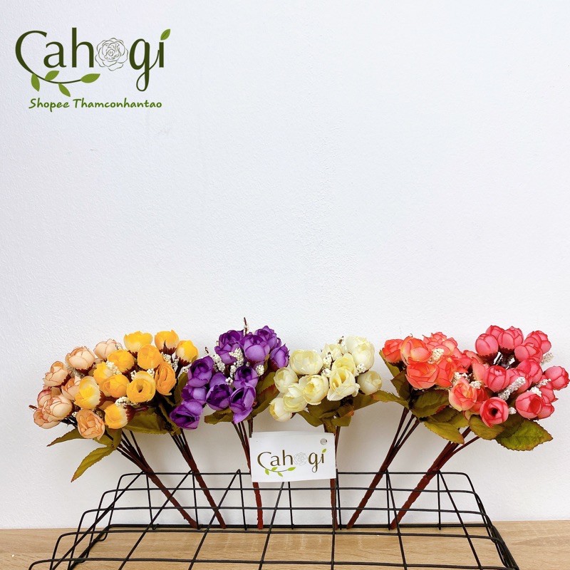 Hoa Giả - Chùm Hoa Hồng Bi Lụa Mini Size 15 Bông 25 Cm