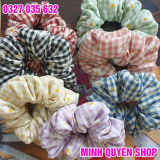 Dây Buộc Tóc Scrunchies Vải Họa Tiết Caro Hoa Cúc Phong Cách Hàn Quốc