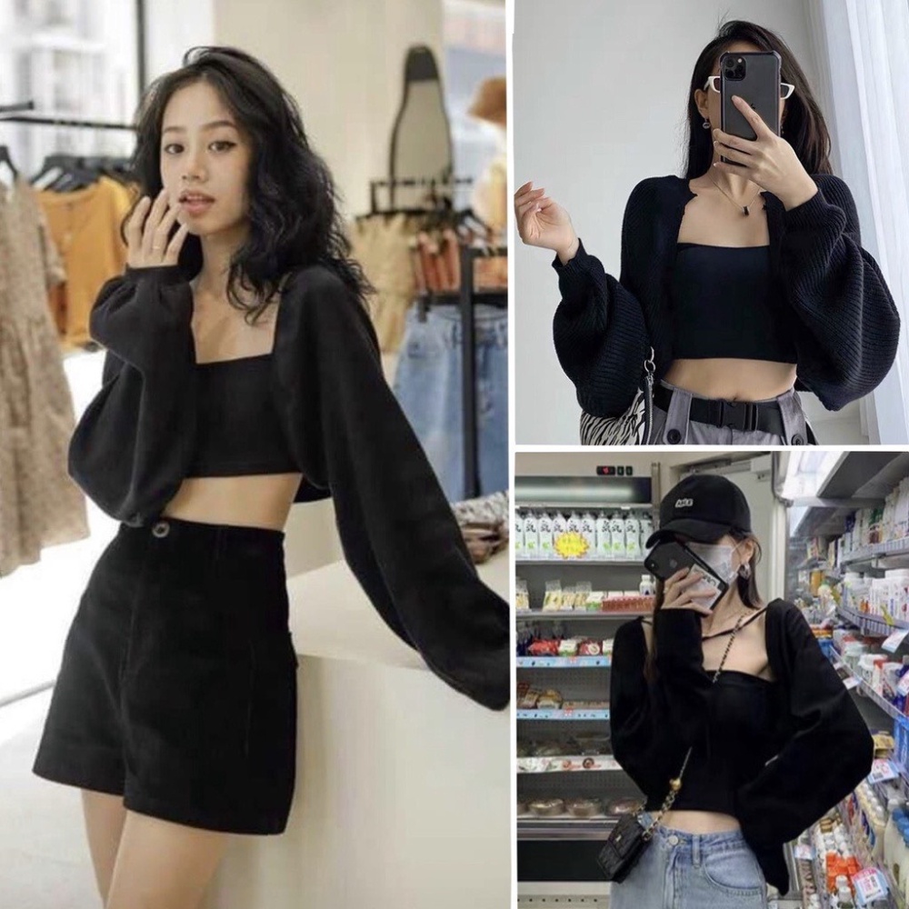 Áo khoác len nữ , áo khoác nữ cardigan dệt kim dáng ngắn cánh rơi sành điệu màu đen kem xám phong cách Hàn quốc
