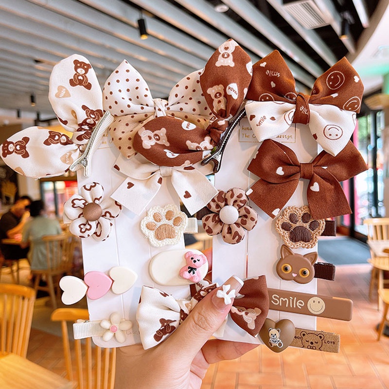 Set Kẹp Tóc Nơ Màu Trà Sữa Hoạt Hình Dễ Thương Cho Bé Gái
